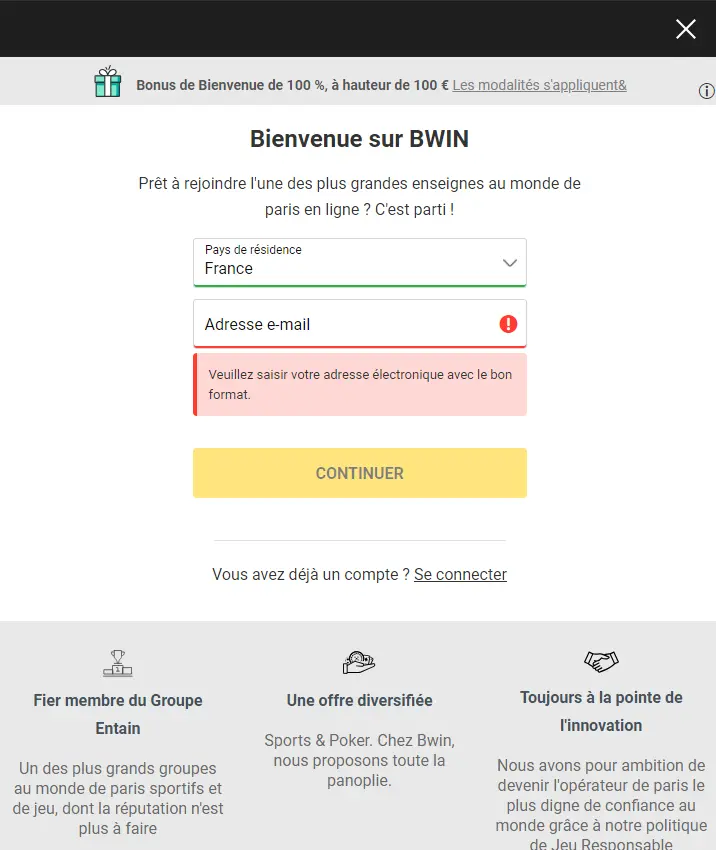 Modulo di registrazione sul sito di Bwin